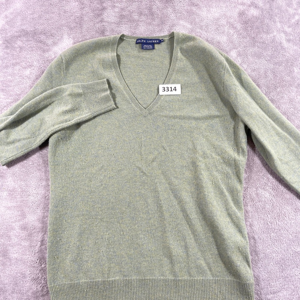 Ralph Lauren‎ Sweater Women Medium Green 100% Cashmere V-Neck Italian Yarn
